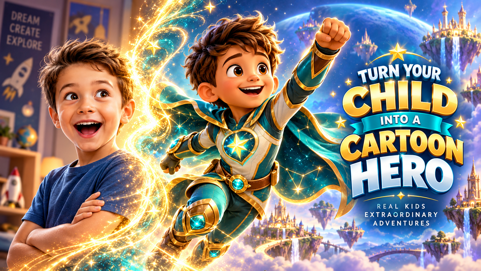 Cinematic child transformed into an original teal and gold cartoon hero