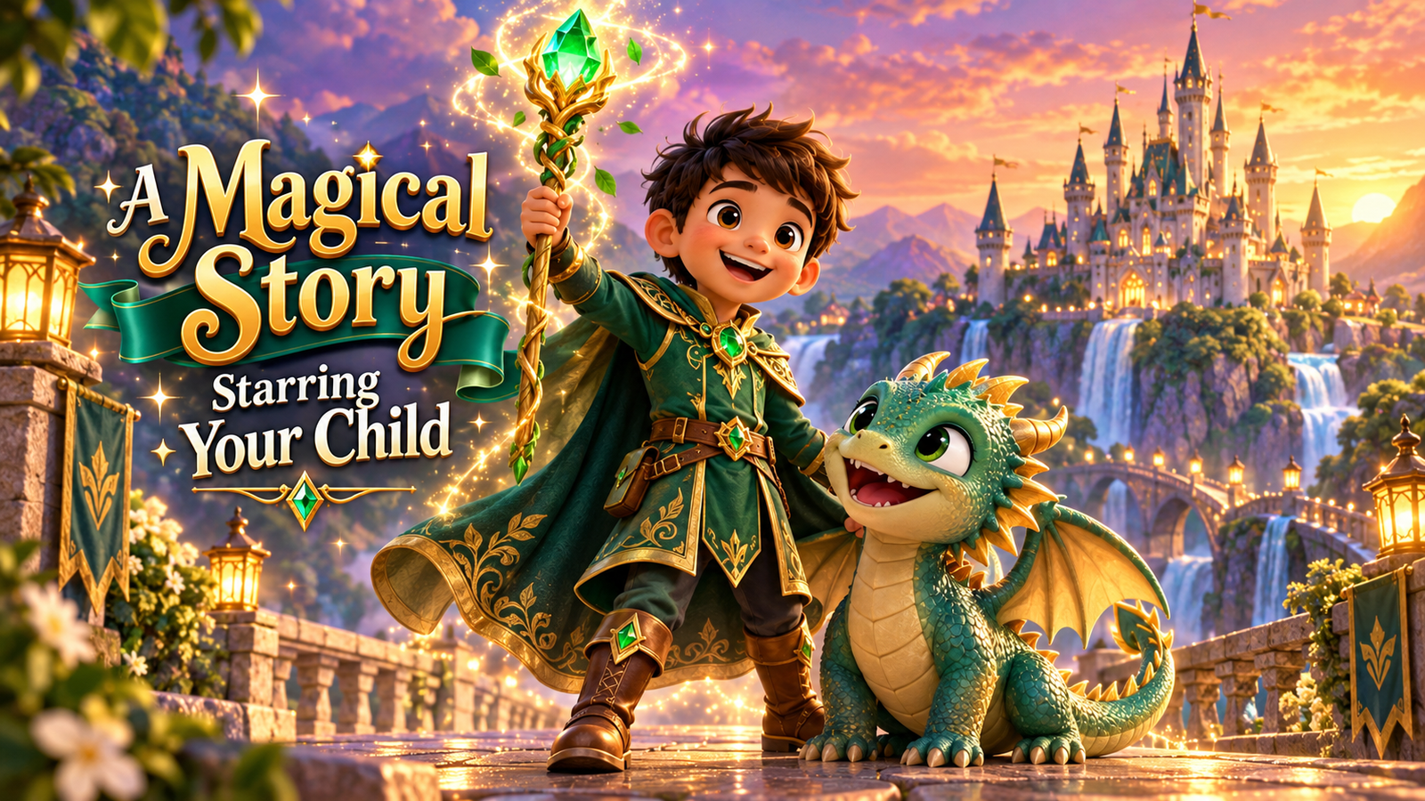 Cinematic personalized emerald fantasy hero adventure artwork